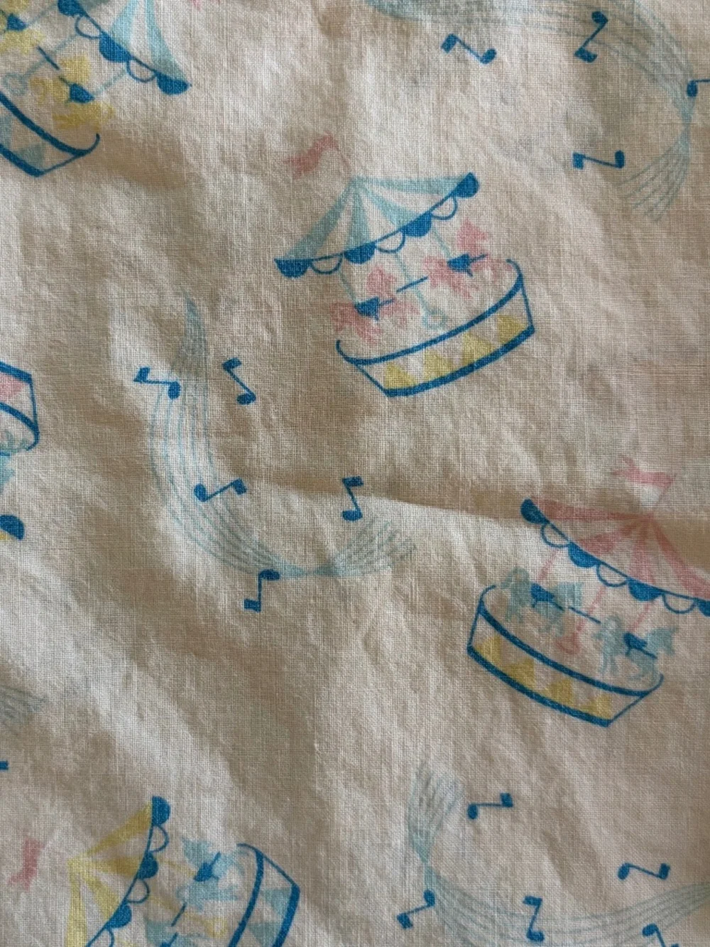 Baby Nursery Pillowcase Carousels Merry Go Round Music Notes vintage 60s 70s EUC